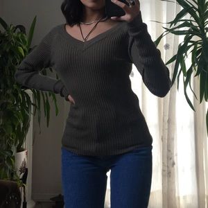 y2k green wool v-neck sweater